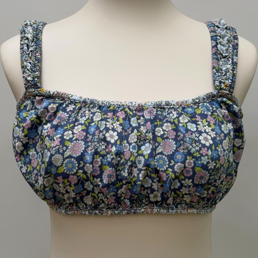 American Eagle Floral Crop Top S Blue Ruched Straps Cami Festival Boho hippie‎